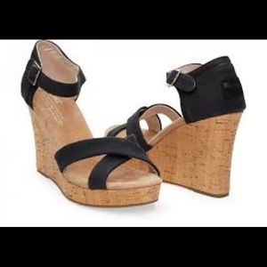 Toms Sienna Cork Wedges Sandals Black canvas 5